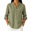 Women Stand Collar Vertical Stripe Long Sleeve Shirt Solid Green Half Button Casual Blouse