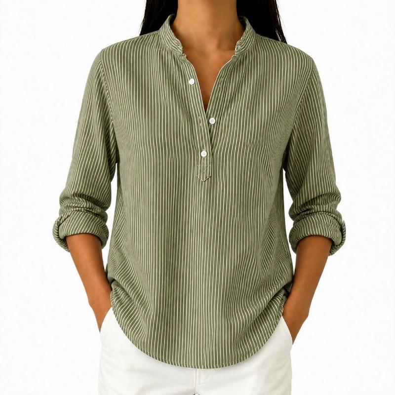 Women Stand Collar Vertical Stripe Long Sleeve Shirt Solid Green Half Button Casual Blouse