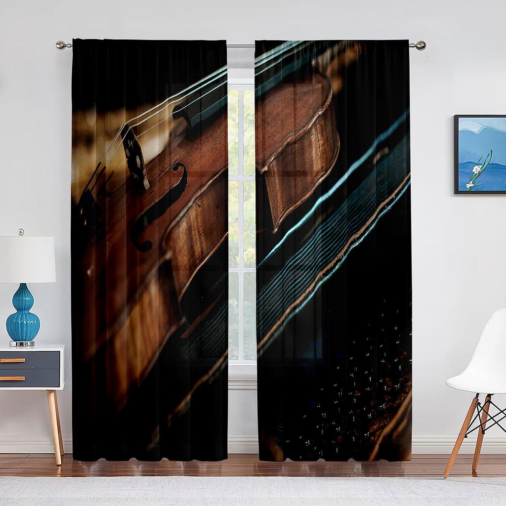 Vintage Fiolin på Trä Skira Voilgardiner för Vardagsrum Sovrum Chiffong Tyllgardiner Kök Fönsterbehandlingar Draperier