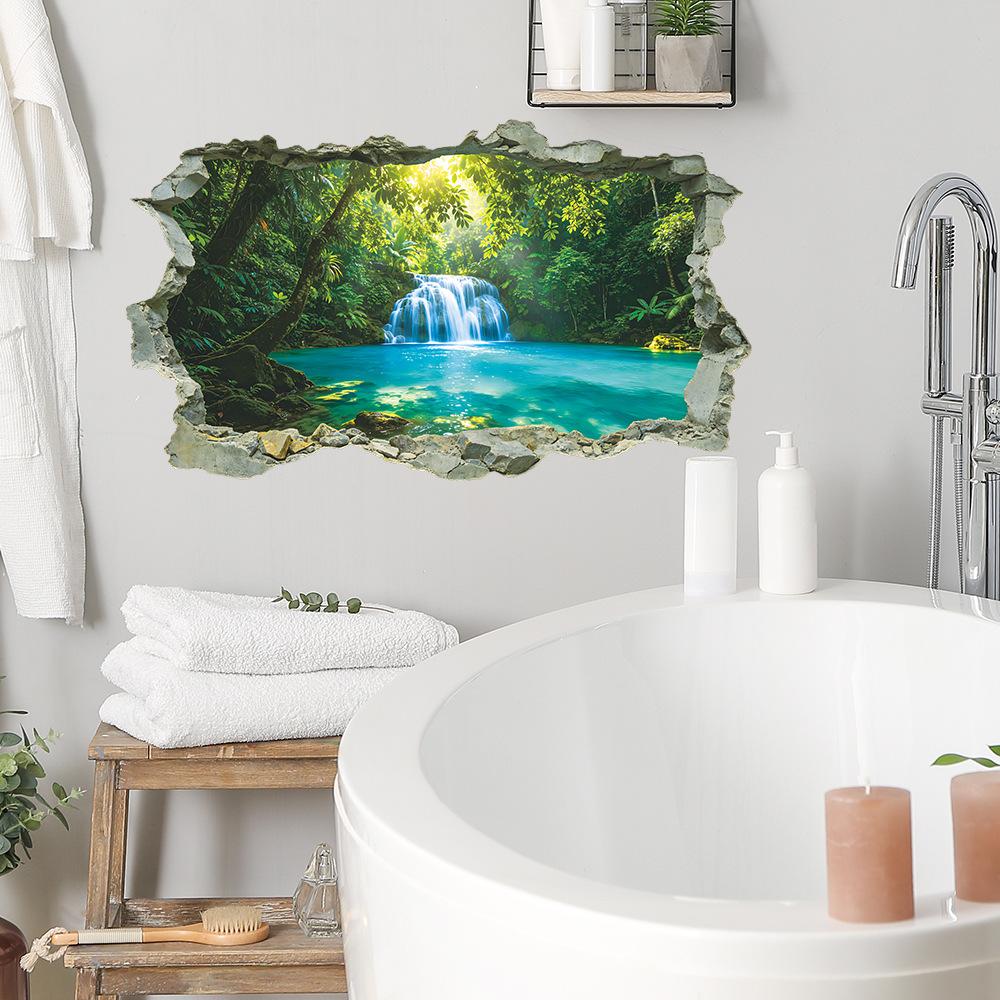 Simulation of 3D Wall-breaking Forest Waterfall Bathroom Toilet Home Decoration Beautification Wall Stickers