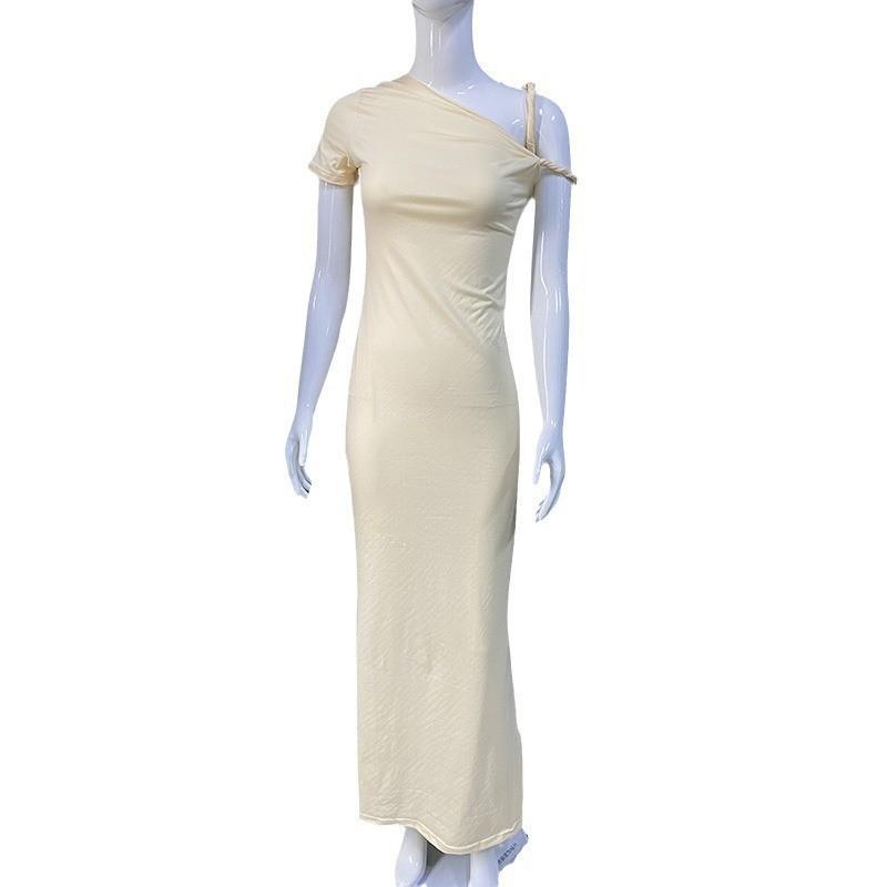 European and American Summer Slanted Shoulder Single Shoulder Twisted Slim Fit Solid Color Dress