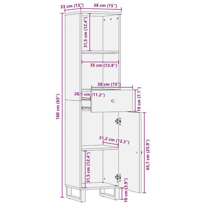 VidaXL Armoire de Salle de Bain, Colonne de Toilette avec Tiroir et Compartiment, Meuble de Rangement Intérieur, Bois Massif 352000