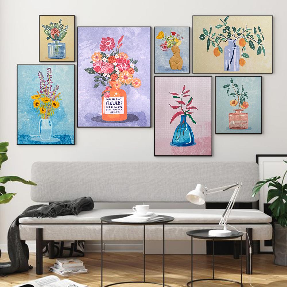 Abstract Flower Sunflower Wildflower Art Poster Print Retro Raissa Oltmanns Nude Sculpture Vase Canvas Painting Room Home Decor