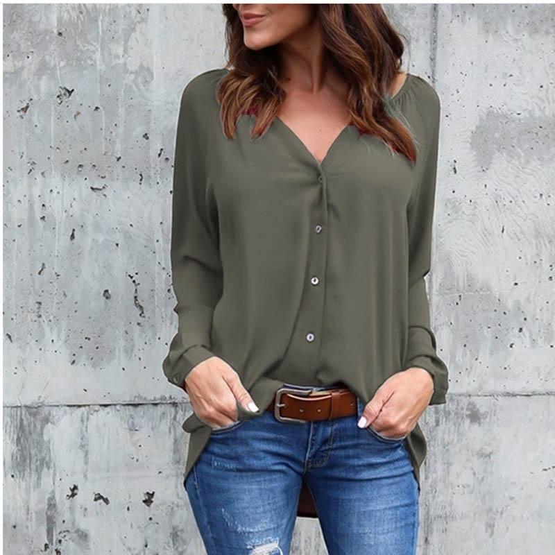 Premium Quality Spring Fashion V Collar Fold Button Long-sleeved Loose Chiffon Shirt In 8 Stunning Colors