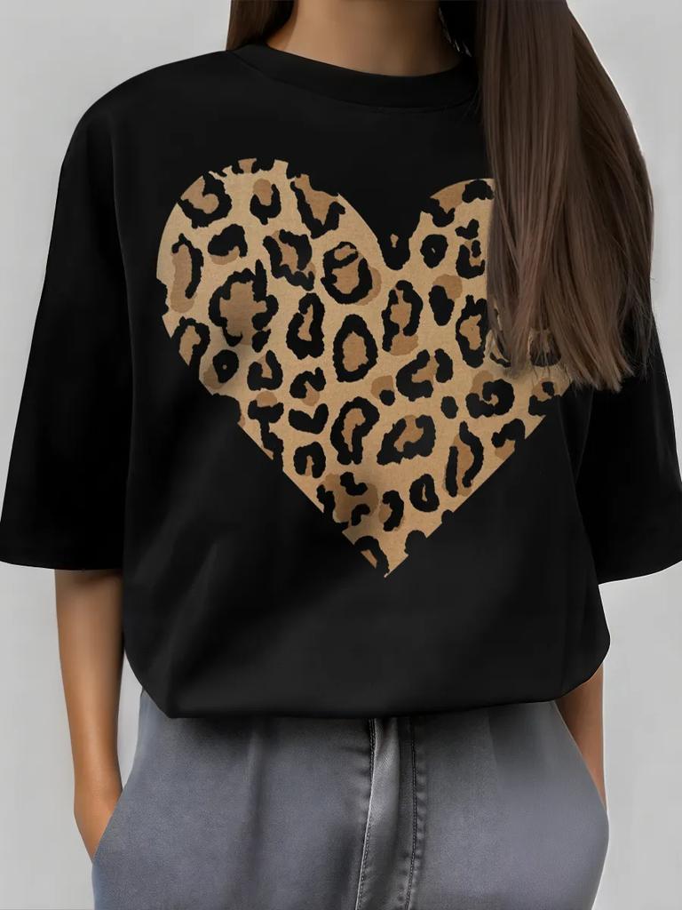 Pink Leopard Print Heart Design Women T-Shirts Soft Cotton T Shirt Y2K Comfortable Short Sleeve All-Match Hip Hop Female Clothes