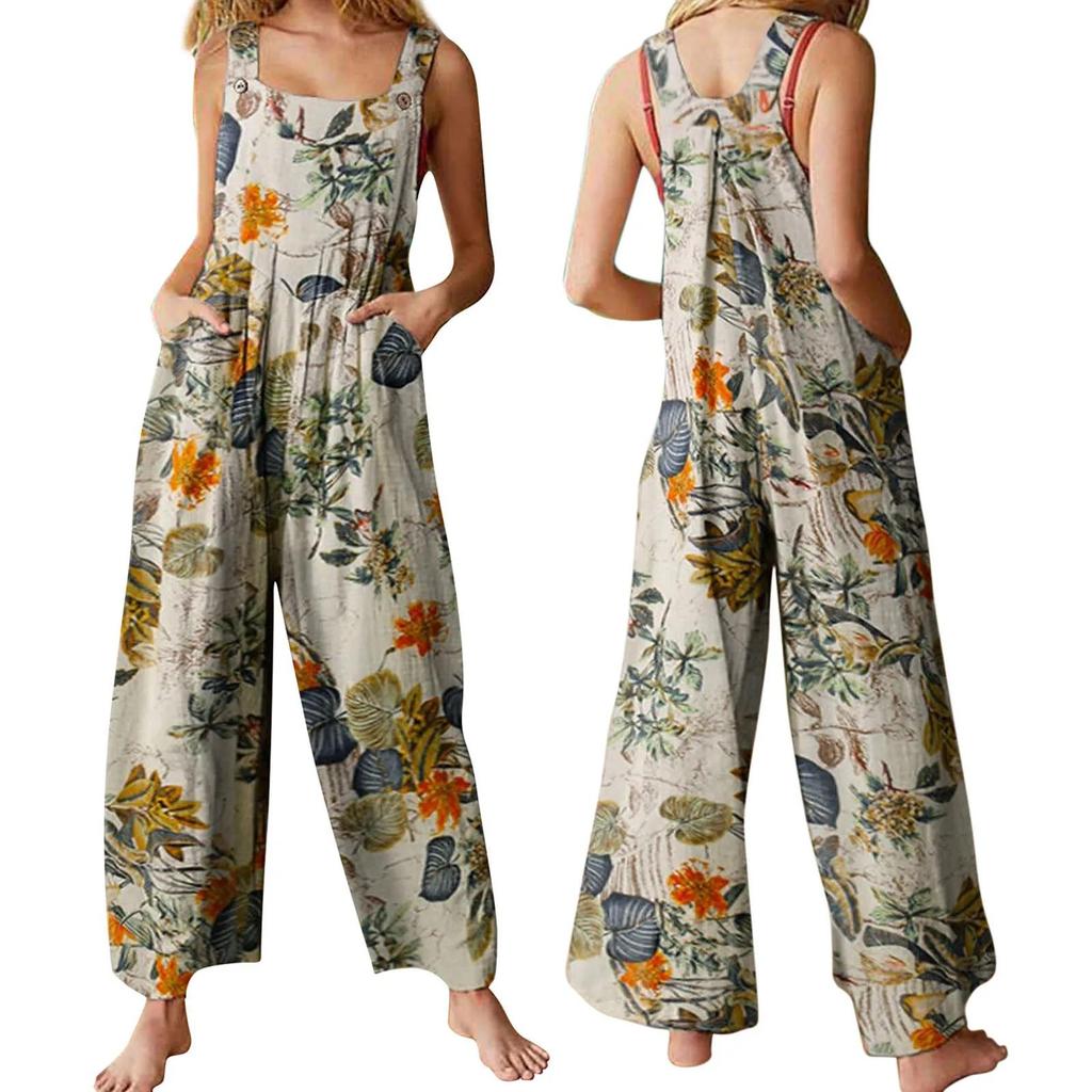 Women Ethnic Style Jumpsuits Summer Overalls Multicolor Square Neck Sleeveless Casual Rompers with Pockets for Girls Playsuit
