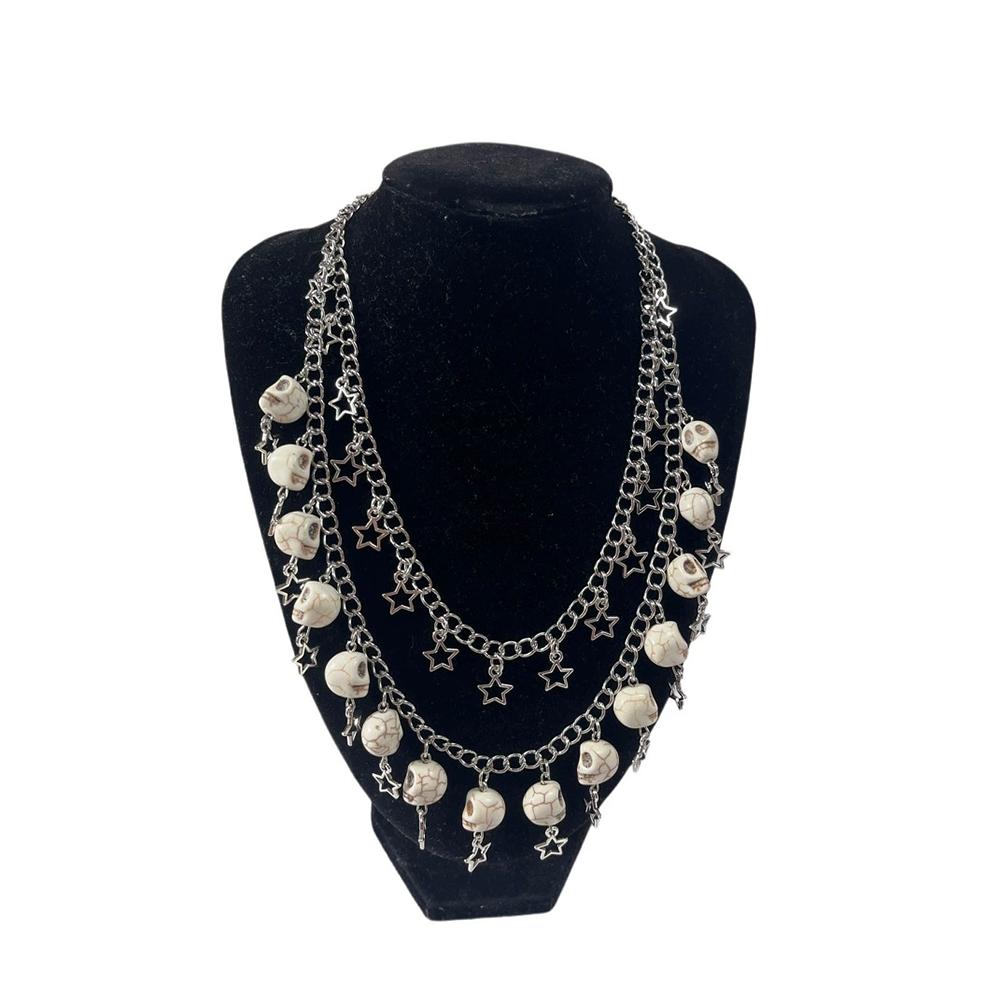 Retro Punk Stainless Steel White Skull Cross Y2k Gothic Double-Layer Necklace Fashionable And Trendy Jewelry For Unisex Necks