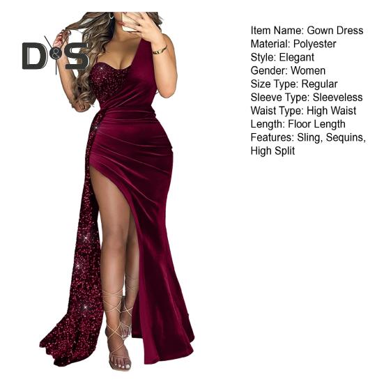 Women Sling Sequins Long Dress Elegant Sexy One Shoulder Sequins Patchwork Sleeveless Shirring Gown Dress High Split Maxi Party Dress