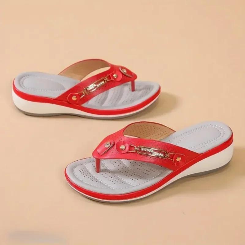 Womens Wedge Sandals 2024 New Summer Fashion Metal Decoration Beach Clip-toe Flip Flops Casual Shopping Womens Open Toe Slippers