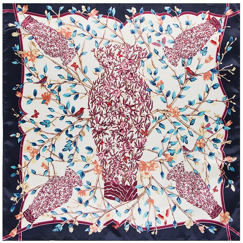 90*90cm  Luxury Brand Women Chinese Silk Floral  Scarfs Female European Style Square Scarves Spring Summer Shawls For Ladies