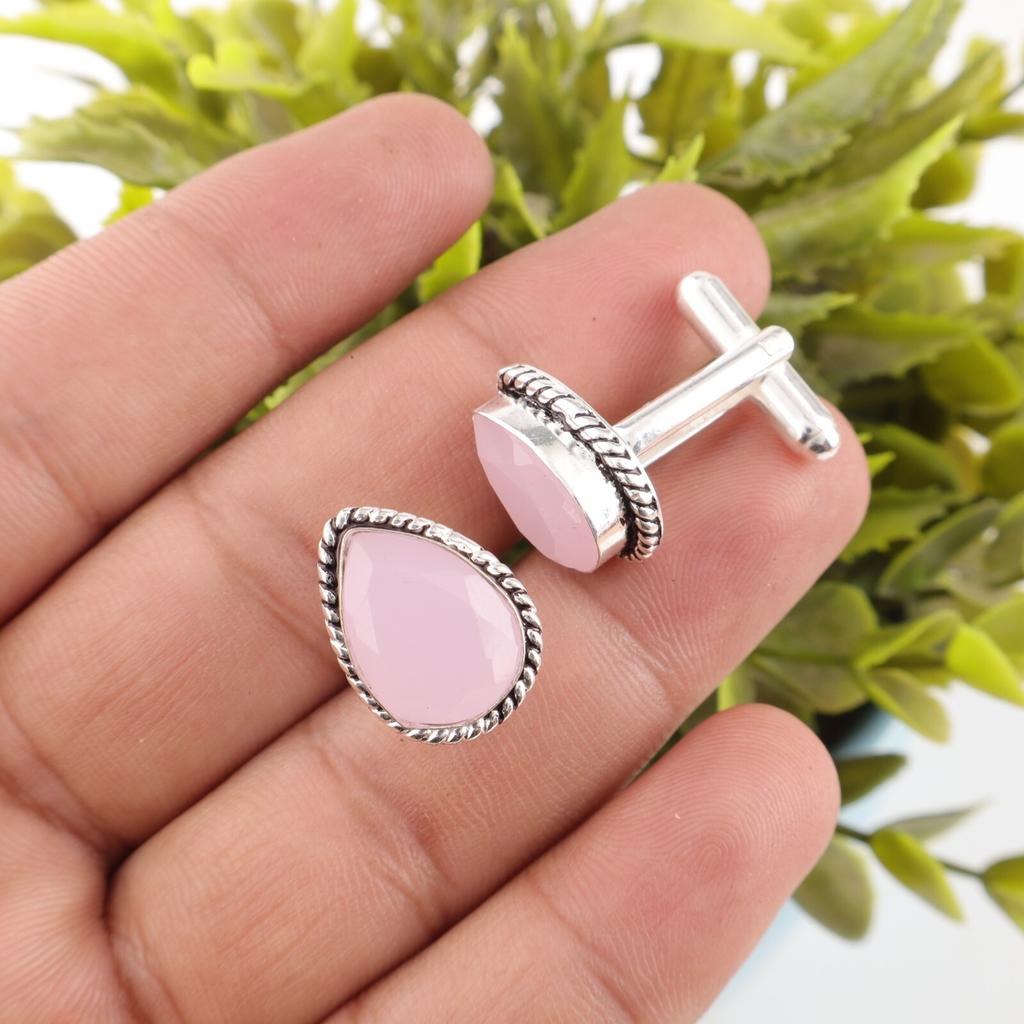 Rose Chalcedony Gemstone Cufflinks 925 Sterling Silver Handcrafted Jewelry Gift CL-5-20