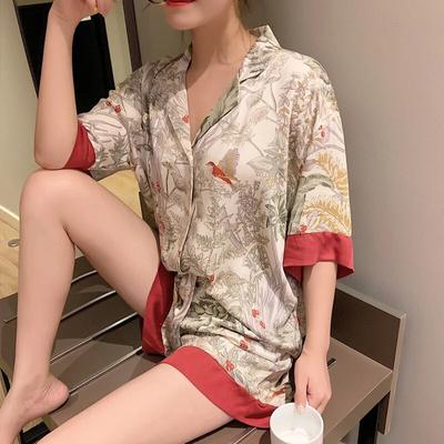 2 Parça Kadın Set İlkbahar Yaz Kısa Kollu Pijama Kadın Ipek Moda Pijama Çiçekler Kuş Baskı Seksi Saten Pijama Takımı