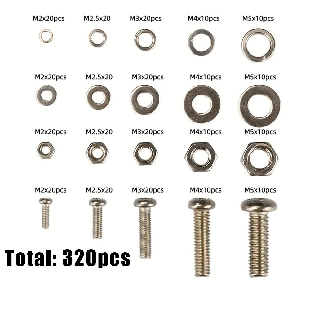 120/320-piece stainless steel screw and nut set, M2-M5, multiple sizes available-suitable for DIY, repair, and home applications