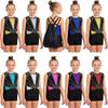 Detský dievčenský set na gymnastiku a tanec Bez rukávov Prekrížený chrbát Lesklé kamienky Farebný blok Metalický trikot so šortkami Čelenka a batoh so sťahovacou šnúrkou