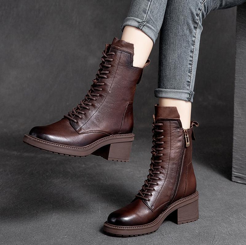 Fashion 2025 Handmade Retro High Heel Boots Women Autumn Winter Full Cow Leather Round Toe Zipper Trend Warm Mid-Calf Boots Female