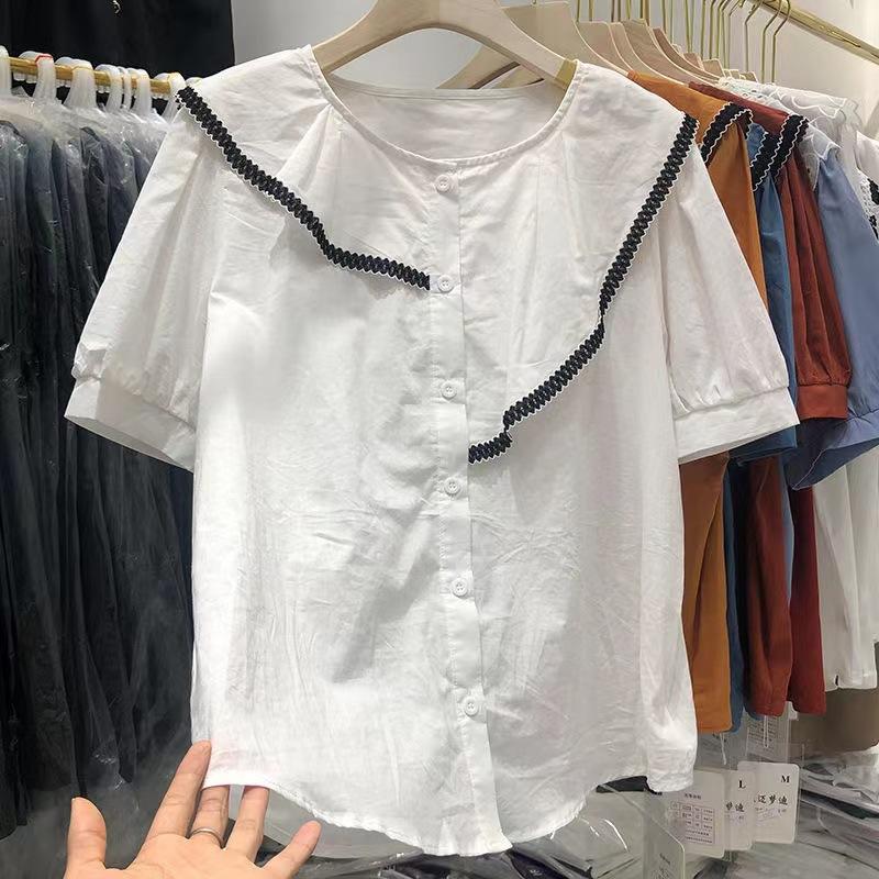 111% Pure Cotton Loose Shirt Women's 1116 Summer New Solid Color Round Neck Ruffle Edge Temperament Versatile Short-sleeved Shirt