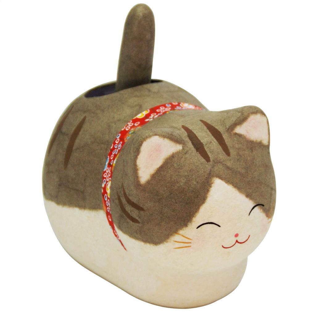 Osaka Choseido Cat Good Luck with Original Wooden Tag Sitting Torn Washi Gray Maneki-neko Solar-Powered Figurine, Charm, (Swaying Solar-Powered Cat,