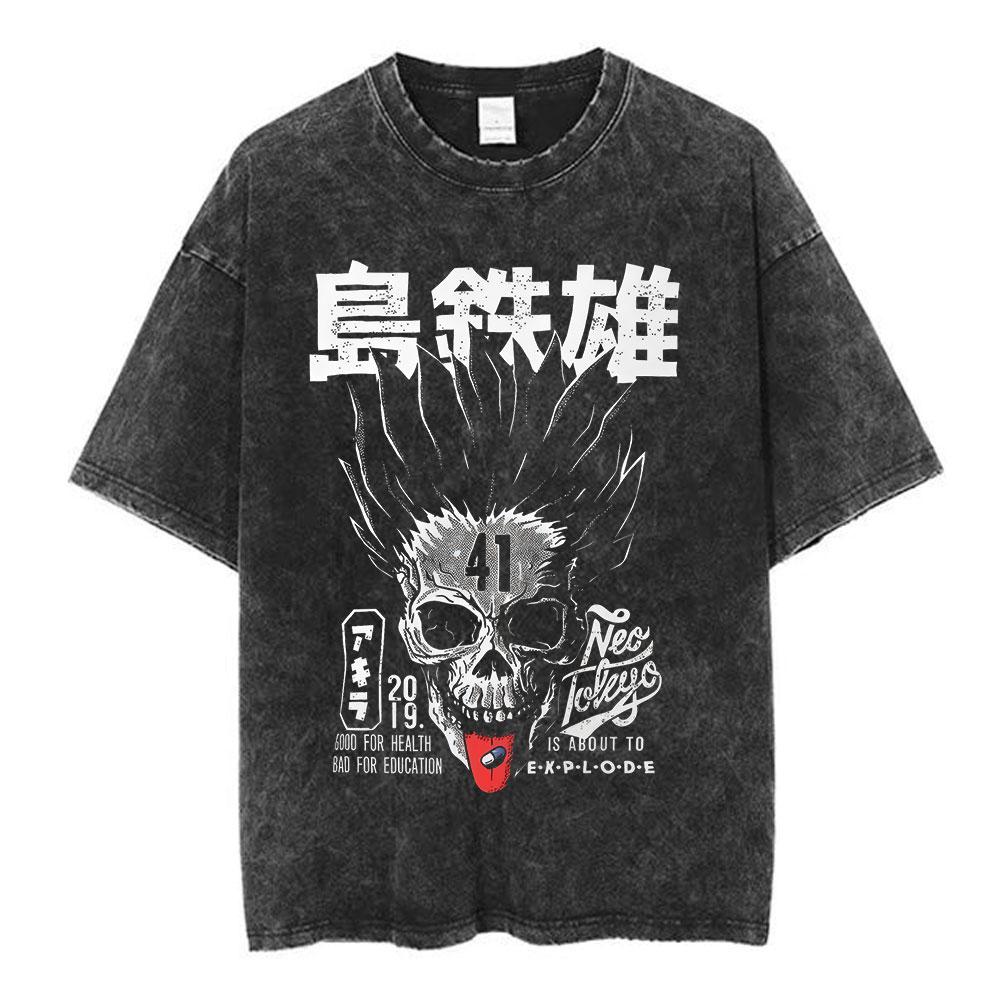 Anime Akira Vintage Washed T Shirts 90s Manga Shotaro Kaneda Graphic Tshirt Men Women Clothing Cotton Casual Oversized Tshirts