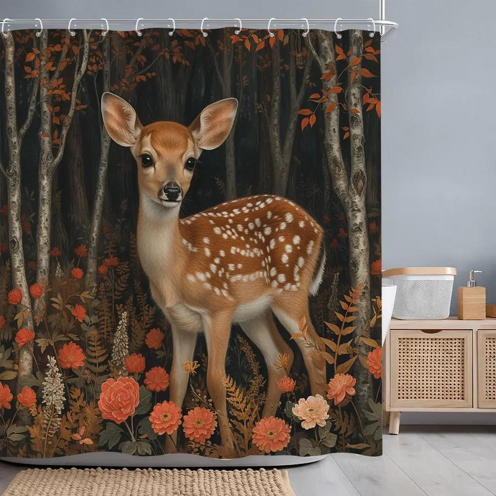Herbstwald Hirsch Duschvorhang Fluss Sonnenuntergang Rustikale Scheune Thanksgiving Polyesterstoff Badvorhänge Badezimmerdeko mit Haken
