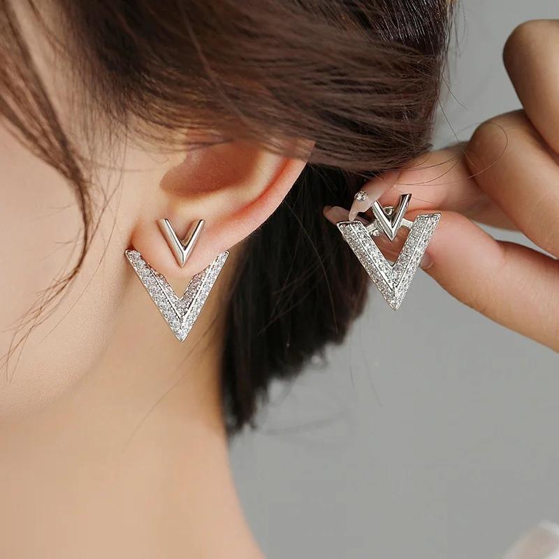 LATS Sweet Cool Detachable V-shaped Stud Earrings for Women V Full of Rhinestone Earring Fashion Zircon Accessories Party Gifts
