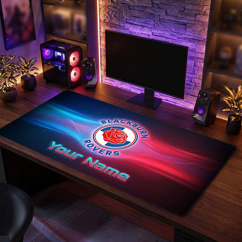 Blackburn Rovers FC Custom Large Mouse Pad, Personalized Name Text Print, Football Logo Non‑Slip Desk Mat Gaming Gift