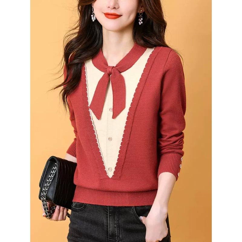 Damenoberteile mit V-Ausschnitt in Fake-Zweiteiler-Optik für den Herbst, neue farblich abgesetzte Pullover mit Bändern, Damenpullover-Unterhemden