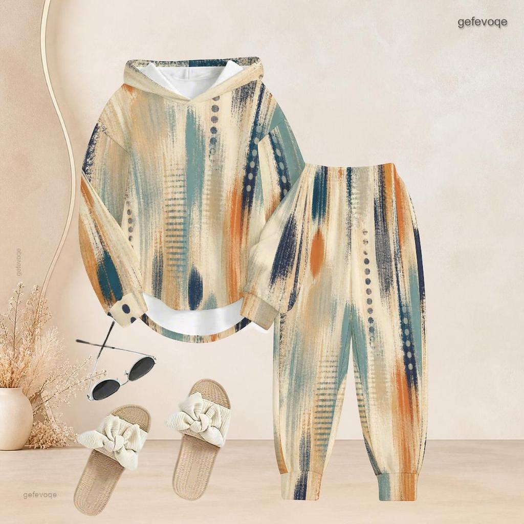Women Plus Size Two Piece Outfit Long Sleeve Hooded Top Geometric Printed Cuffed Pants