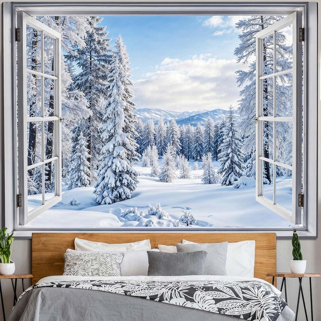 Forest Window Tapestry, Nature Outdoor Tree Wall Backdrop, Woodland Scene Large Mural For Bedroom Living Room Office Decor