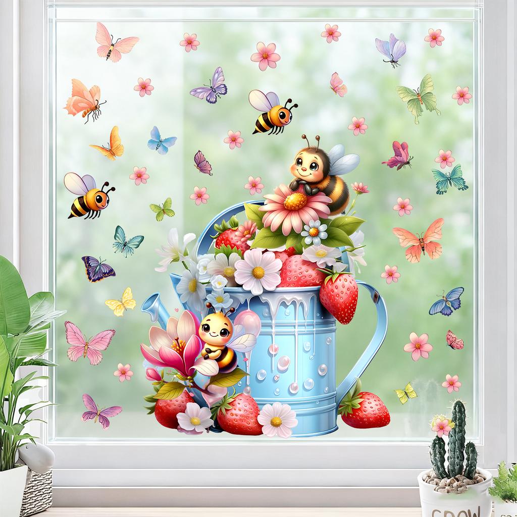 Frühlingsgarten Blumig Statisch Haftend Fensteraufkleber Abnehmbar Wiederverwendbar für Schlafzimmer Wohnzimmer Balkon Glas Heimdeko Kunst