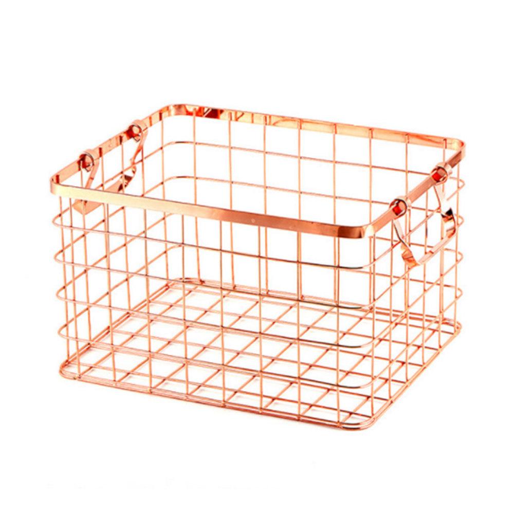 1Pcs Premium Iron Storage Basket Nordic Style Rose Gold Laundry Towel Book Snack Organizer for Kitchen Bathroom Desktop