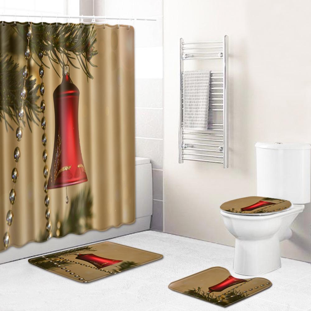 Christmas Elements Bathroom Shower Curtain Floor Mat Toilet Cover Foot Mat Four-Piece Pattern Size