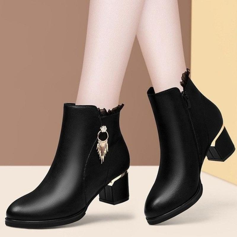 Autumn Winter Black Booties Elegant With Medium Heels Women'S Ankle Boots Leather Warm Female Short Shoes Comfortable Boot Sale