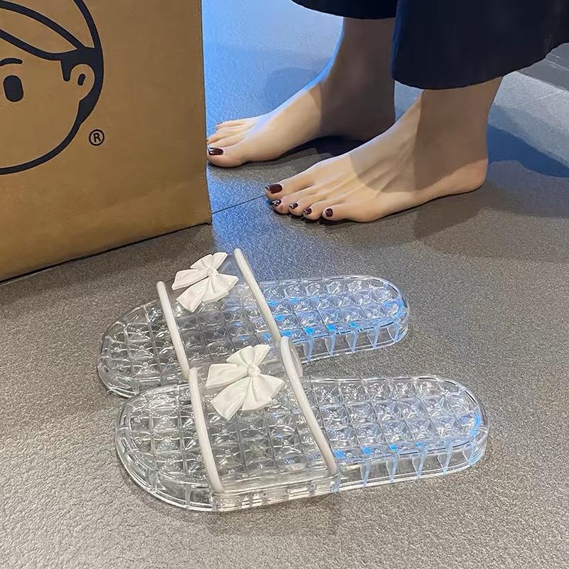 Crystal bow slippers women's fashion transparent outer wear summer home indoor bath non-slip cool slippers women