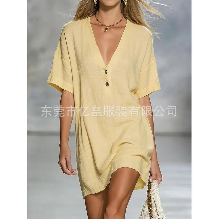 

2026 New Style Women s Fashion Short Sleeve V-Neck Cotton Linen Loose Summer Dress S жёлтый