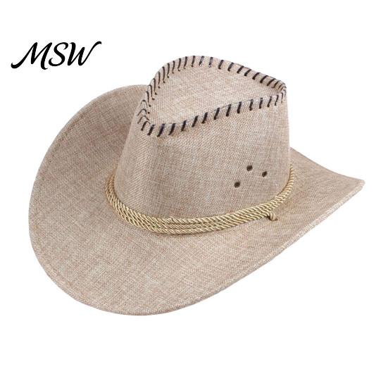 Breathable Sun Visor Western Cowboy Hat with Windbreak Rope for Men, Wide Brim Linen Outdoor UV Protection Travel, Halloween Cosplay Costume,