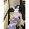 Women's Satin Halter Qipao Dress, Chinese Style Floral Jacquard Cheongsam for Evening Party & Wedding