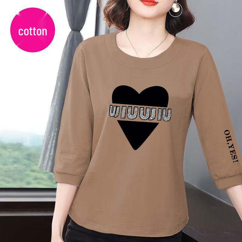 

Женская хлопковая футболка с рукавом семь восьмых, приталенная - Корейский стиль, Свободная, Скрывающая живот, Универсальный летний топ L [100-110 jin]