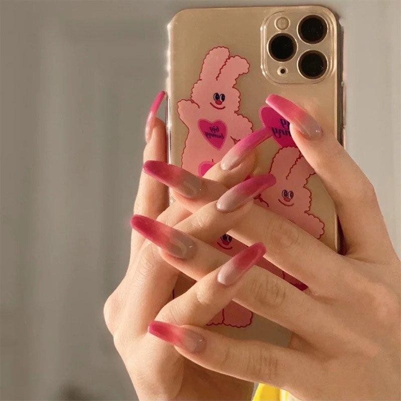 24pcs French False Nails Wave Design Fake Nails Summer Style Gradient False Nail Pink Purple Heart Flower Nail Art Tools