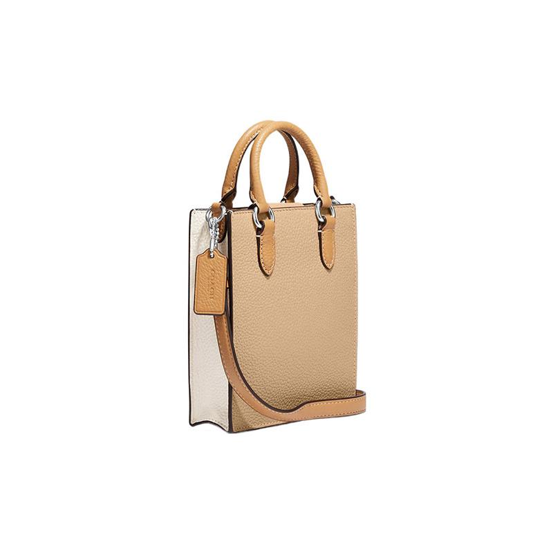Coach N/S 17 Silver Logo Plate Logo Pebbled Leather Tote Bag Tote Shopping Bag Hand-held Shoulder Crossbody Bag Small Women's Brown