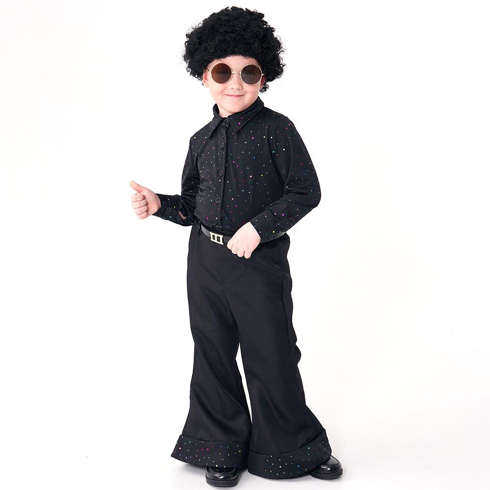Kids Boys Retro 70s Disco Sequins Singer Model Show Top Pants Wig Set Children Halloween Cosplay Costumes Role Play Outfit