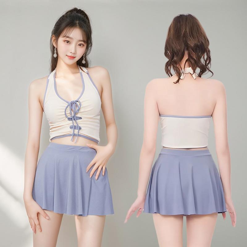 

Раздельный купальник с халтером, стройнящий: Консервативный дизайн юбки с разрезом для женщин M (85-95 jin) озеро синий