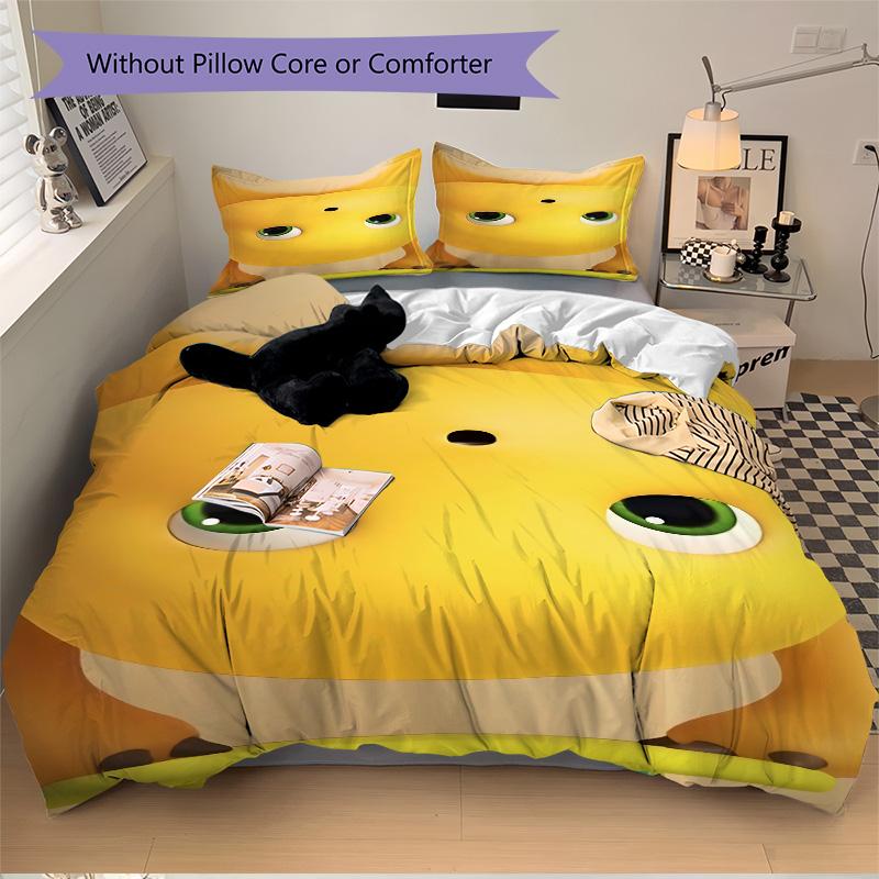 Yellow Cartoon Character Face Print 3Pcs Bedding Set,Duvet Cover with 2 Bedro,Pillowcase Home Birthday Gift