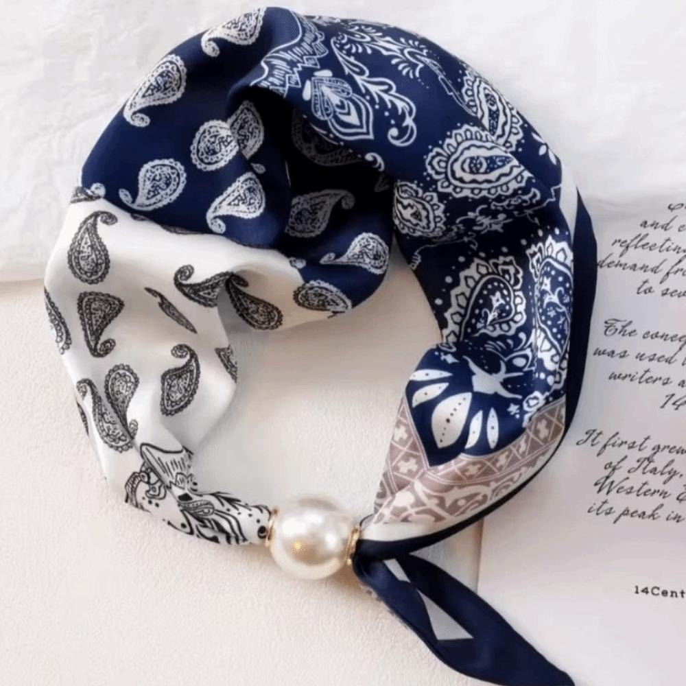 

Chic Lazy Scarf Lightweight Silk Scarf High End Pearl Decoration Scarf Daily Wearing Dark Blue White