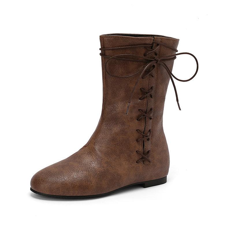 Vintage British Women's Short Boots Flat-bottomed Lace-up Women's Medium Boots Autumn and Winter Chelsea Short Boots Fashion Martin Boots