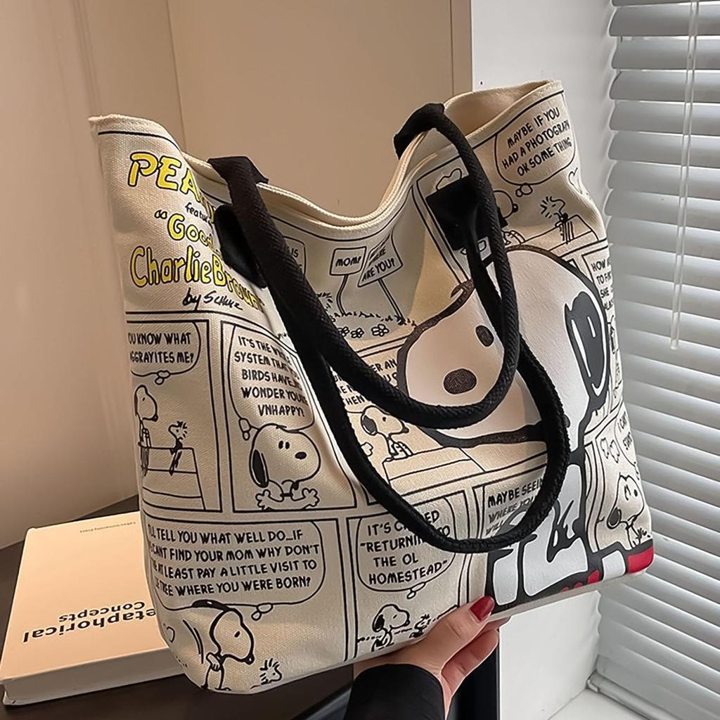 [hgTUP] Snoopy Tote Bag, Canvas Tote Bag, Large Capacity, Snoopy Shoulder Bag, Canvas Tote Bag with Zipper and Interior Pocket, Eco Bag, Meeting Bag,