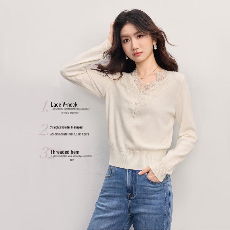 SLLSKY French Lace V-Neck Long Sleeve Knit Sweater