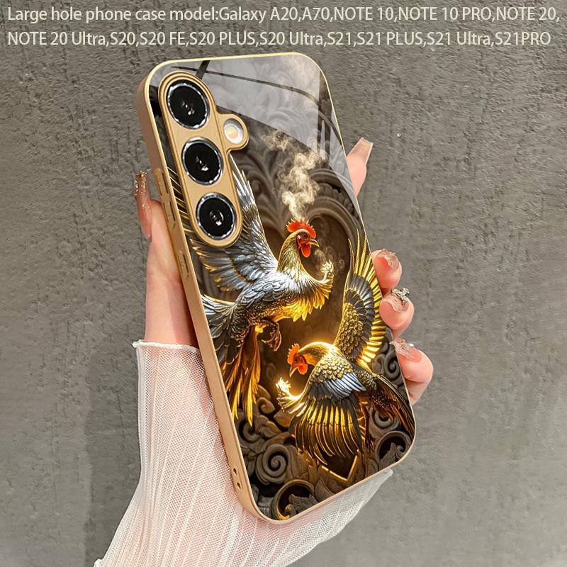 Double Chicken Pattern 2D Phone Case for Samsung S26 S25 S24 S23 S22 S21 S20 A56 A36 A16 Golden Glass Protective Cover