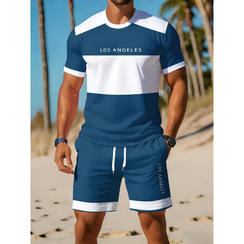 Summer Men's Sportswear Striped Short Sleeved T-shirt Set Two-piece Outdoor Travel Clothing Loose Fit Shorts Training Suit