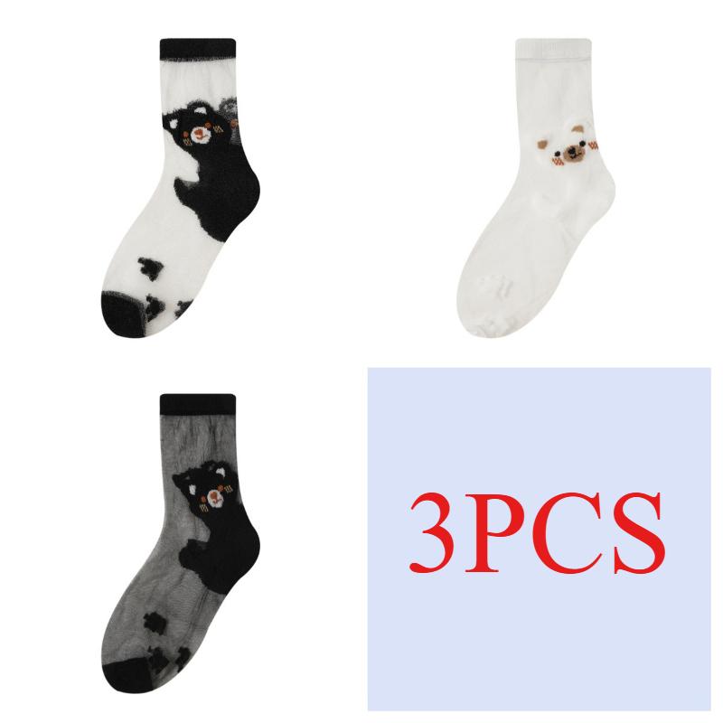 3/5 Pairs Cartoon Bear Sheer Mesh Socks for Women Breathable Transparent Ankle Socks Thin Summer Socks Cute Animal Pattern Socks