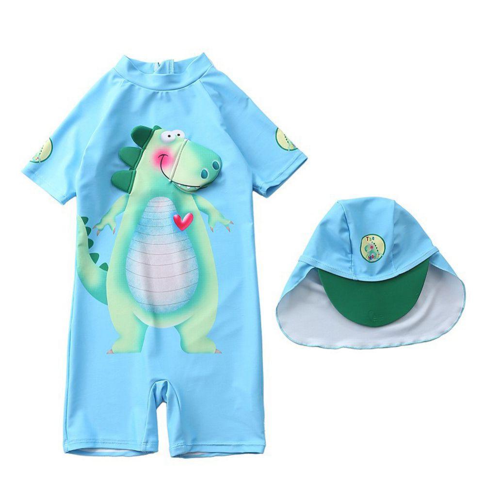 Toddler Boys Rashguard Short Sleeve One-Piece Swimsuit Cute Cartoon Dinosaur Rash Guard with Sun Hat UPF 50+ Sun Protection 1-7T